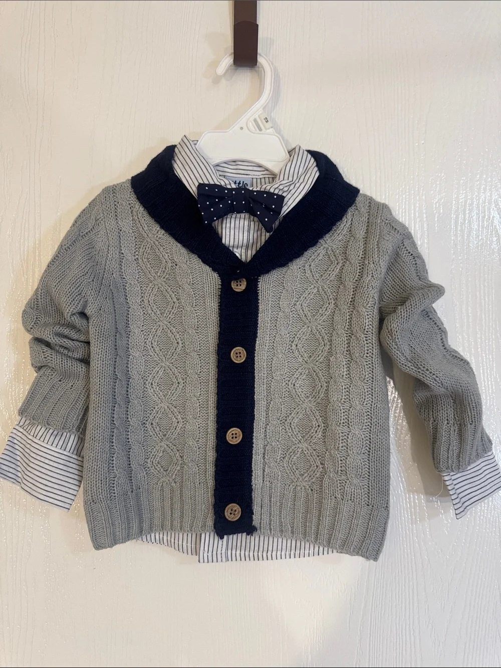 Little One 3 piece set:Gray Cable Knit Cardigan with Navy Trim